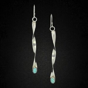 Vintage Native American Sterling Silver Turquoise Twisted Ribbon Dangle Earrings